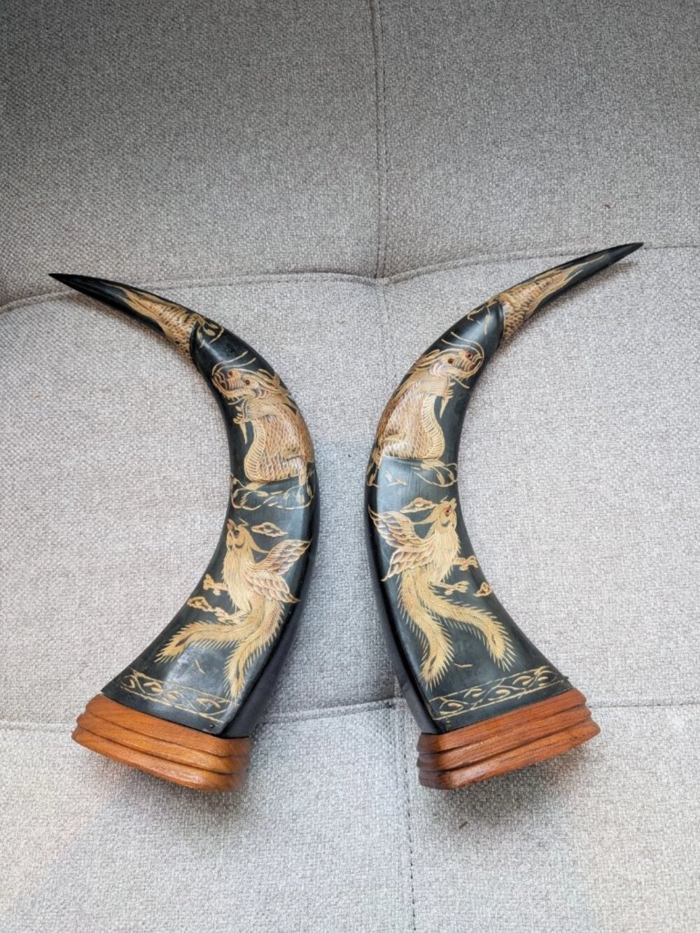 Vintage Pair of Asian Hand Carved Water Buffalo Horns w/ Dragon and Phoenix Art